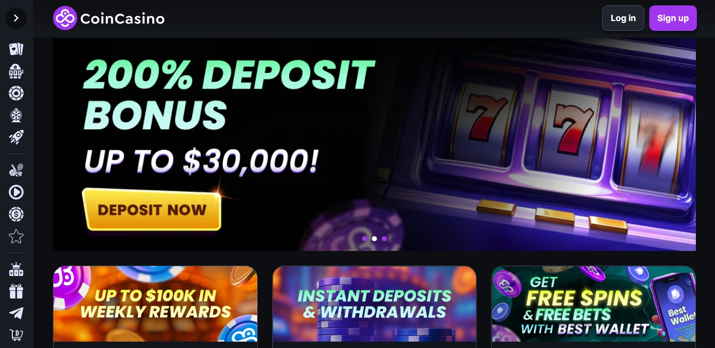 CoinCasino frontpage with banner showing a 200% deposit bonus up to $30,000