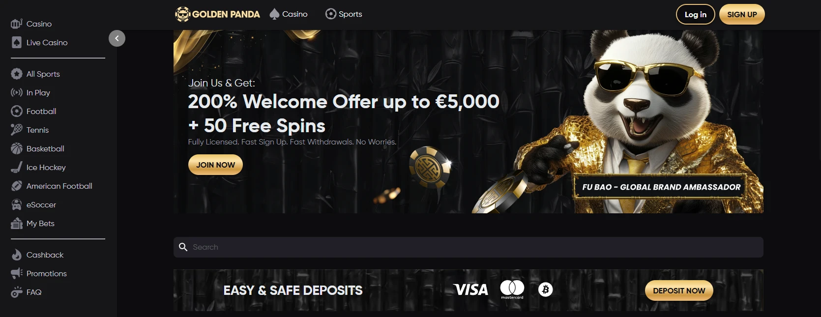 Golden Panda frontpage with banner showing a 200% welcome bonus