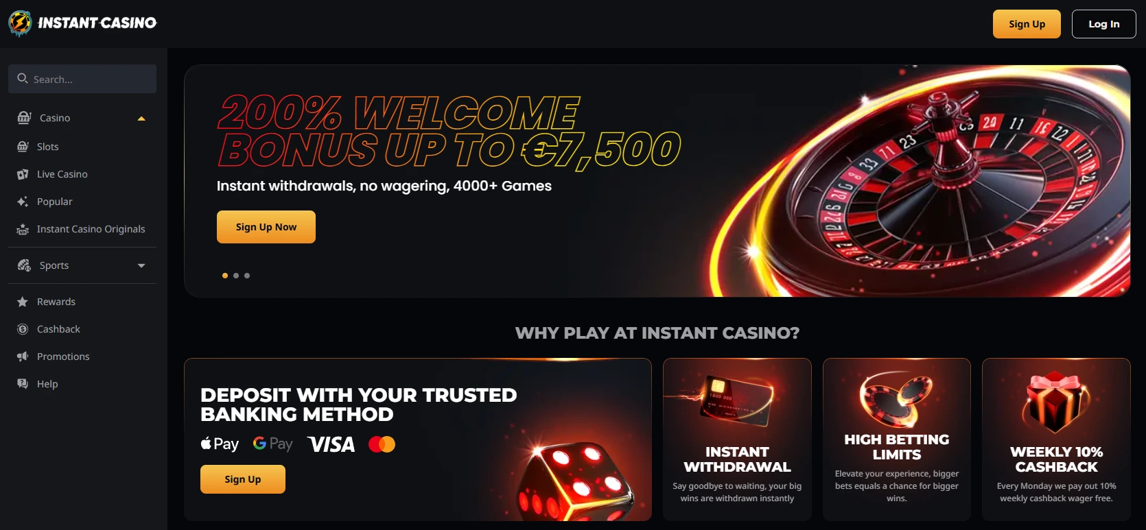 Instant Casino with a banner showing a 200% welcome bonus up to €7,500